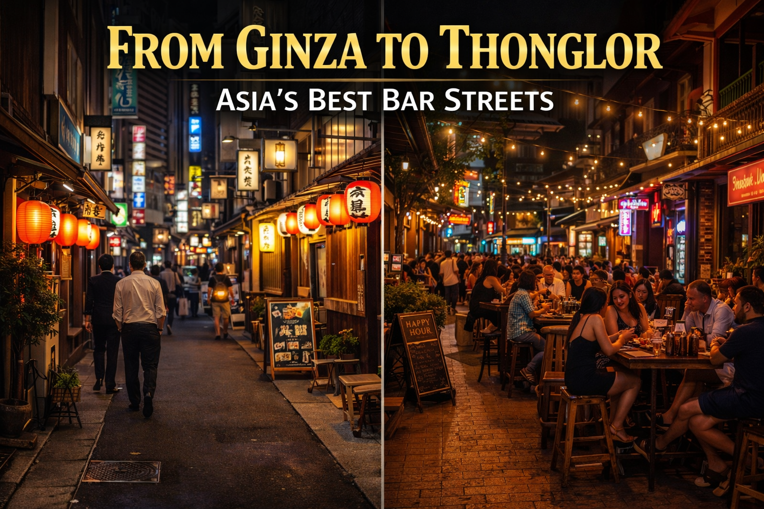 Neon-lit bar street in Asian city at night