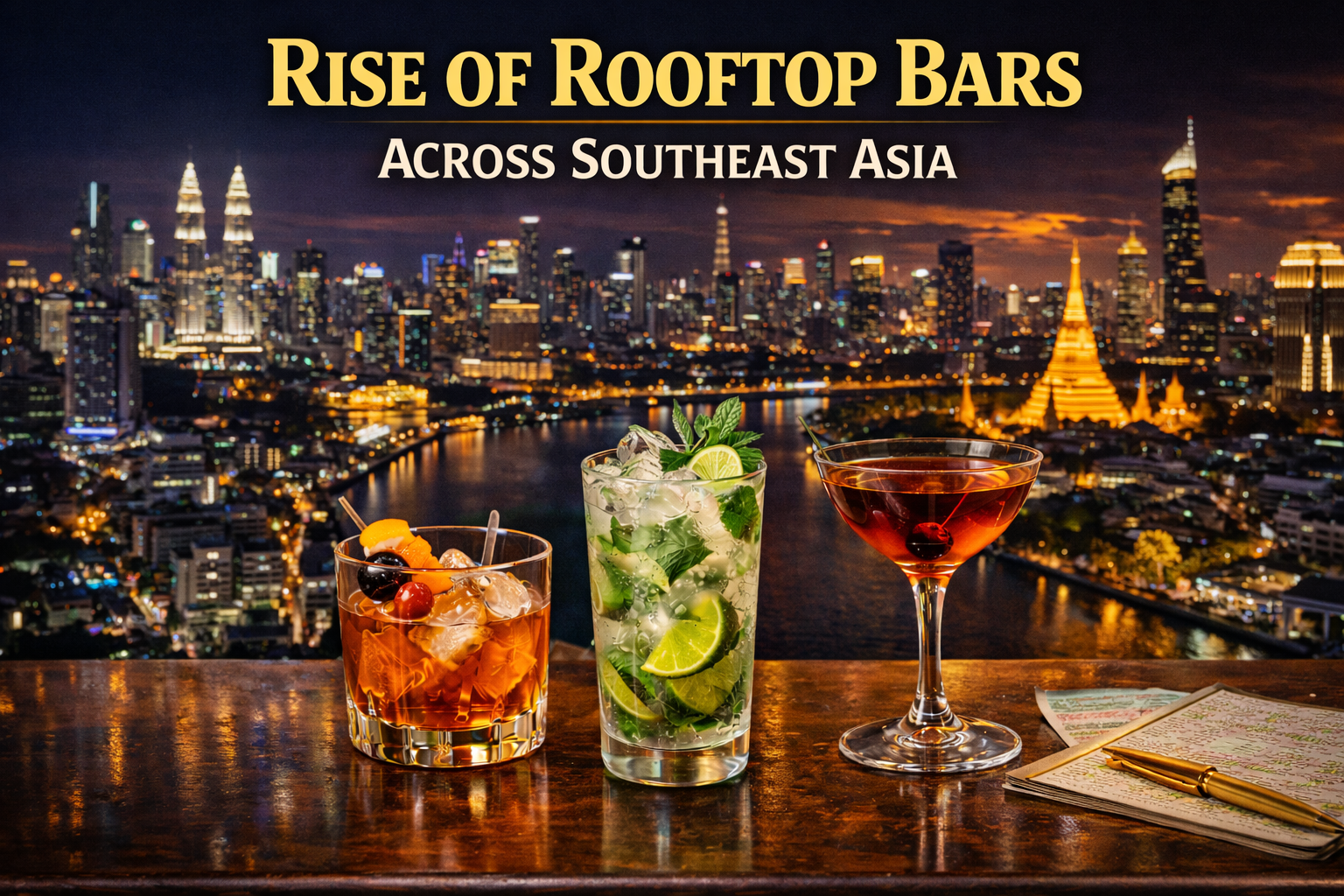 Rooftop bar with city skyline at sunset