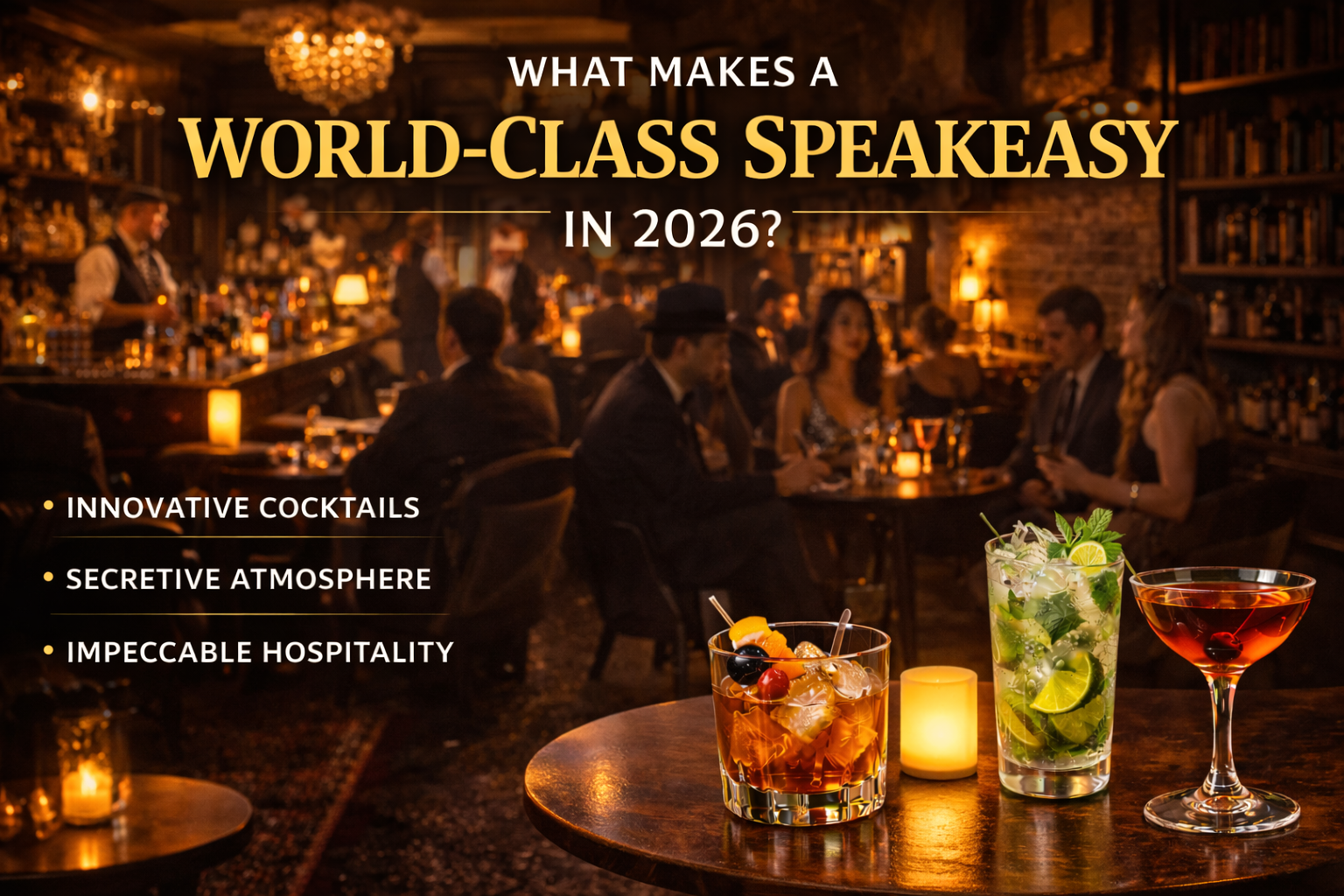 Dimly lit speakeasy interior with brick walls